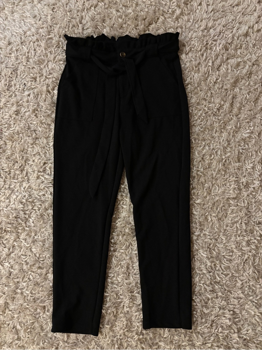 Black Paperbag Waist Tie Pants XL Stretch Tapered Ankle Pants